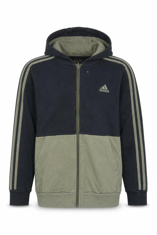 Front view of Adidas boys’ black green full zip hoodie, size 13-14, years cotton blend