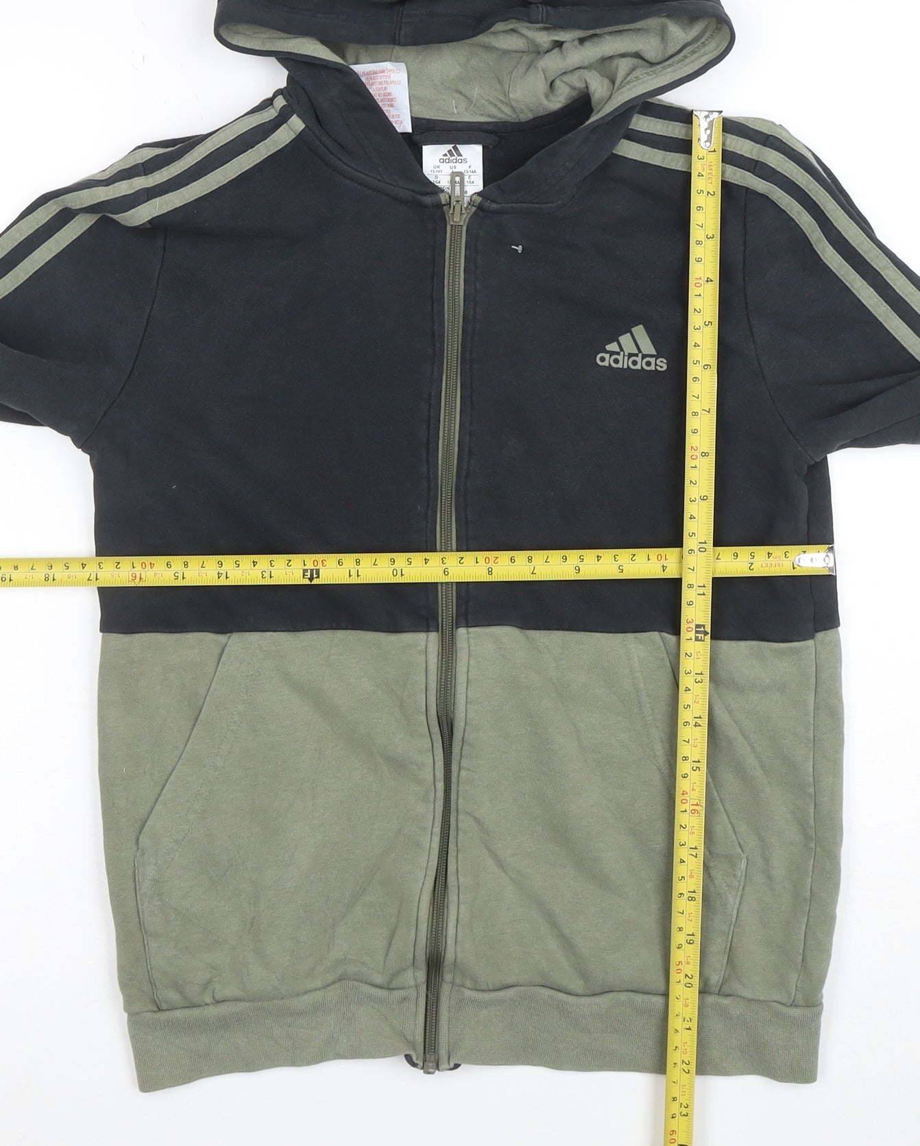 Adidas Boys Black Green Full Zip Hoodie Size 13-14 Years Cotton Blend