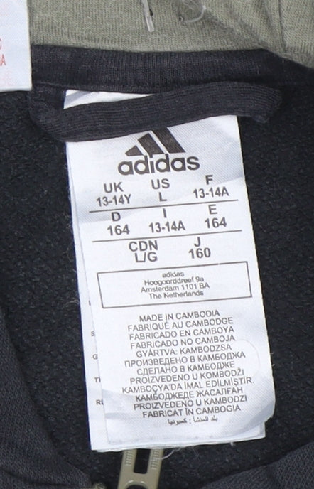 Adidas Boys Black Green Full Zip Hoodie Size 13-14 Years Cotton Blend