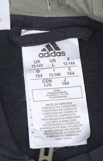Adidas Boys Black Green Full Zip Hoodie Size 13-14 Years Cotton Blend