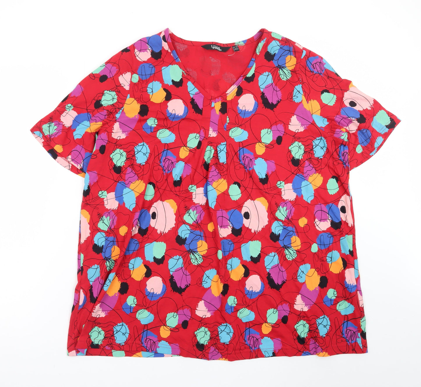 Ulla Popken Women’s Red Floral V-Neck Short Sleeve Blouse Size 18