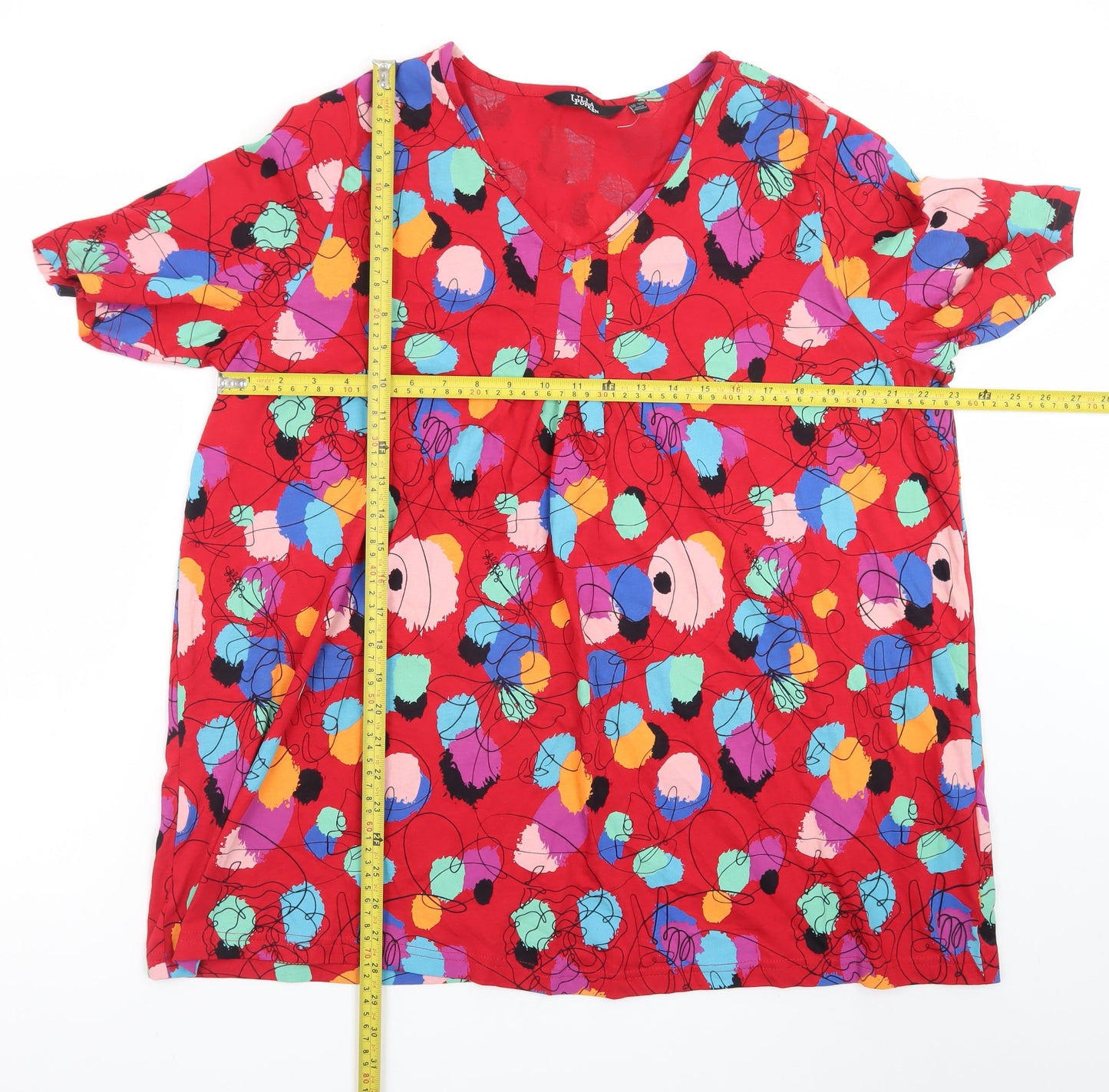 Ulla Popken Women’s Red Floral V-Neck Short Sleeve Blouse Size 18
