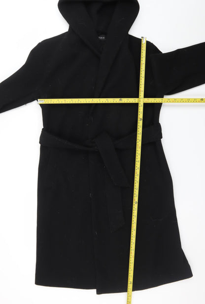 Zara Women Black Wool Belted Hooded Long Coat XS
