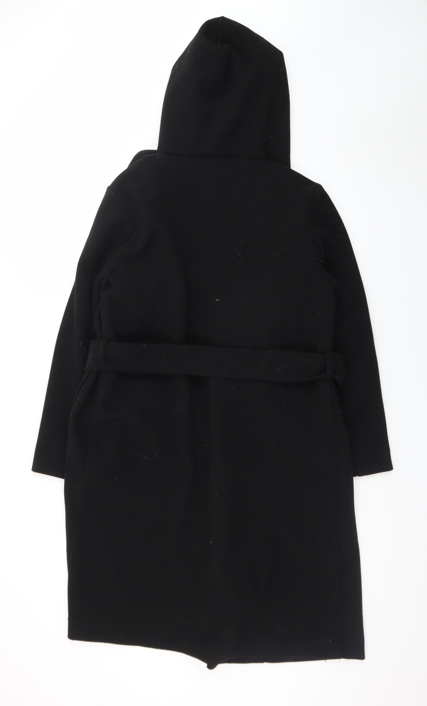 Zara Women Black Wool Belted Hooded Long Coat XS