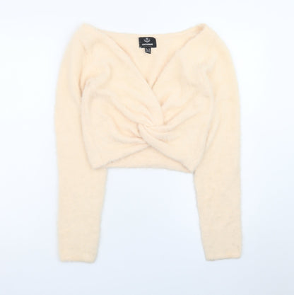 Threadbare Women Beige V-Neck Long Sleeve Twist Front Jumper Size 12