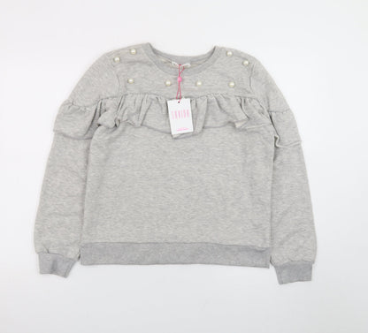 Savida Womens Grey Pearl Ruffle Long Sleeve Pullover Sweatshirt Size L