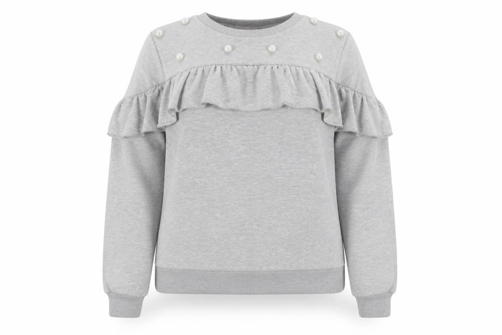 Savida Womens Grey Pearl Ruffle Long Sleeve Pullover Sweatshirt Size L