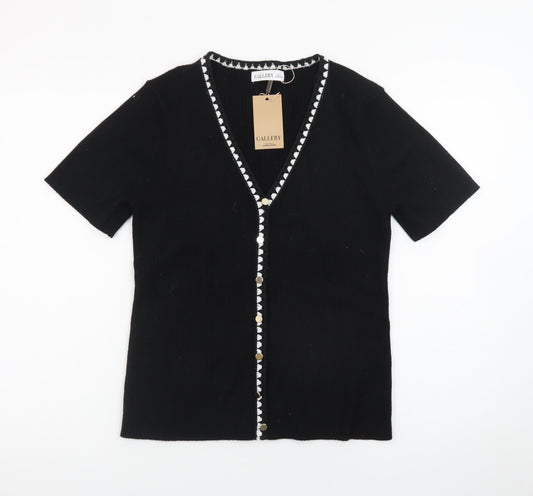 Gallery Womens Black V-Neck Short Sleeve Button Cardigan Size 16