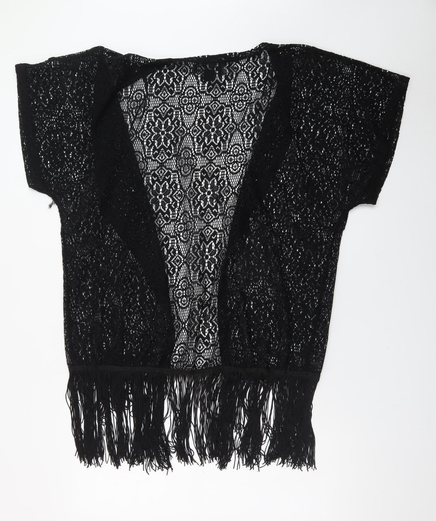 Atmosphere Womens Black Crochet Fringe Open Cardigan S/M Boho