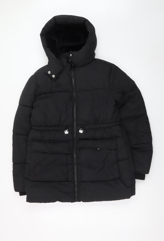 Primark Girls Black Hooded Puffer Jacket 12-13 Years Winter Coat