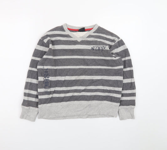 Next Teens Grey Striped Cotton V-Neck Jumper XS