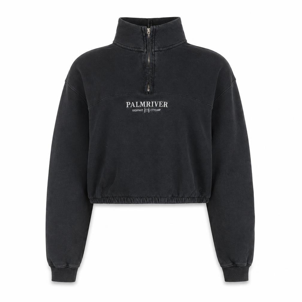 Pull&Bear Women Black 1/4 Zip Cropped Sweatshirt S