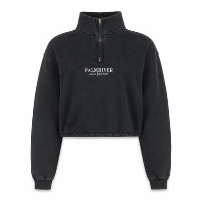 Pull&Bear Women Black 1/4 Zip Cropped Sweatshirt S