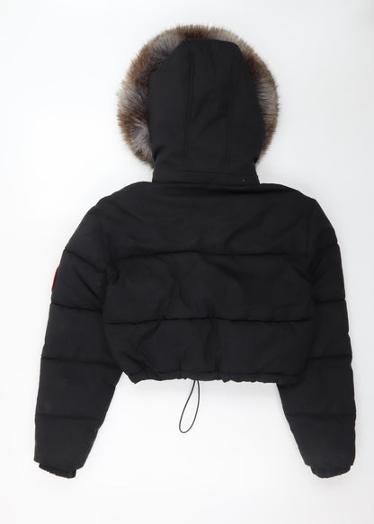Red Chilli Womens Black S Cropped Puffer Jacket with Faux Fur Hood