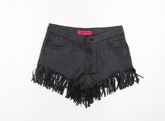 Boohoo Women's Black Faux Leather Fringe Hot Pants Shorts Size 8