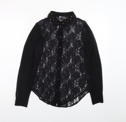 Sparkle & Fade Women's Black Lace Collared Studded Long Sleeve Blouse XS