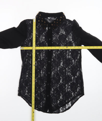 Sparkle & Fade Women's Black Lace Collared Studded Long Sleeve Blouse XS
