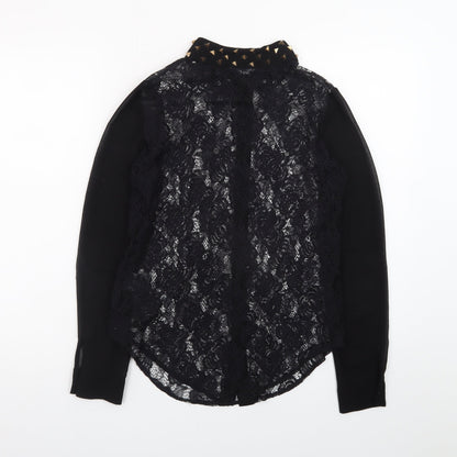Sparkle & Fade Women's Black Lace Collared Studded Long Sleeve Blouse XS