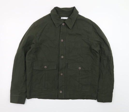 Zara Men Green Cotton Linen Military Jacket L 42 Regular