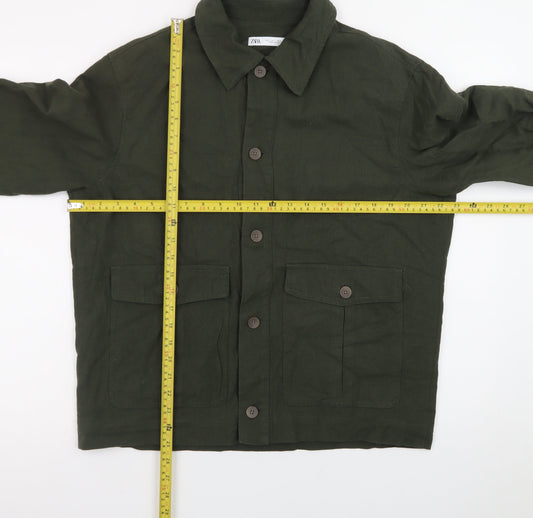 Zara Men Green Cotton Linen Military Jacket L 42 Regular