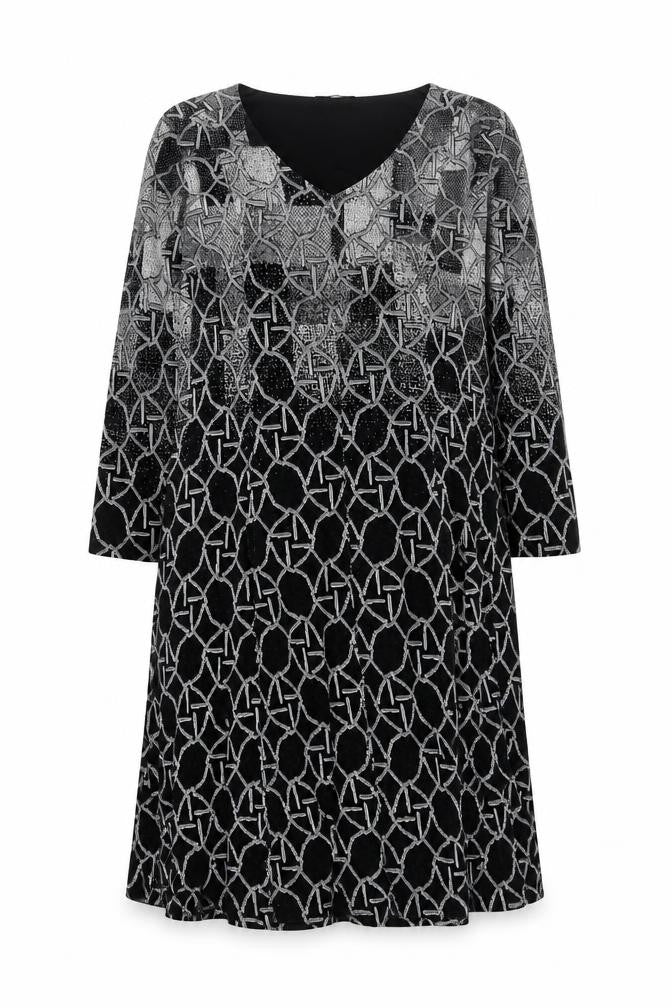 Dolcezza Women Black Geometric Shift Dress Size S 3/4 Sleeve V-Neck