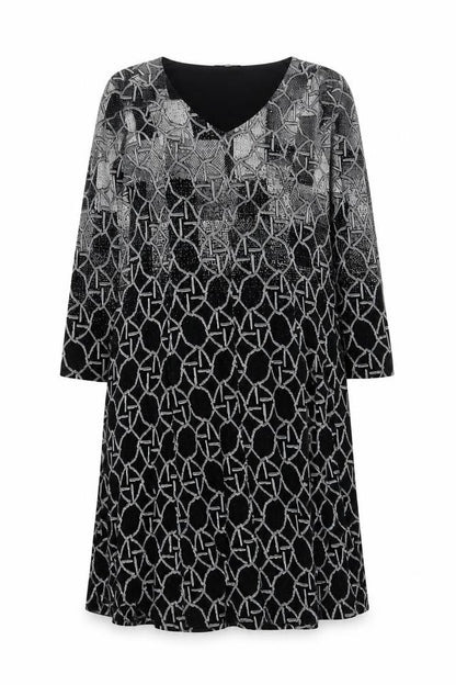 Dolcezza Women Black Geometric Shift Dress Size S 3/4 Sleeve V-Neck