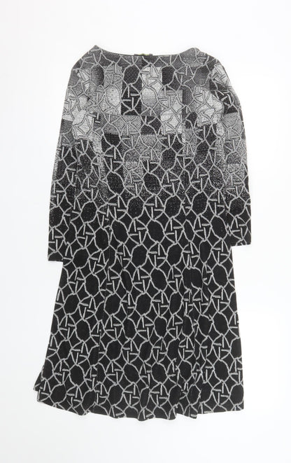 Dolcezza Women Black Geometric Shift Dress Size S 3/4 Sleeve V-Neck