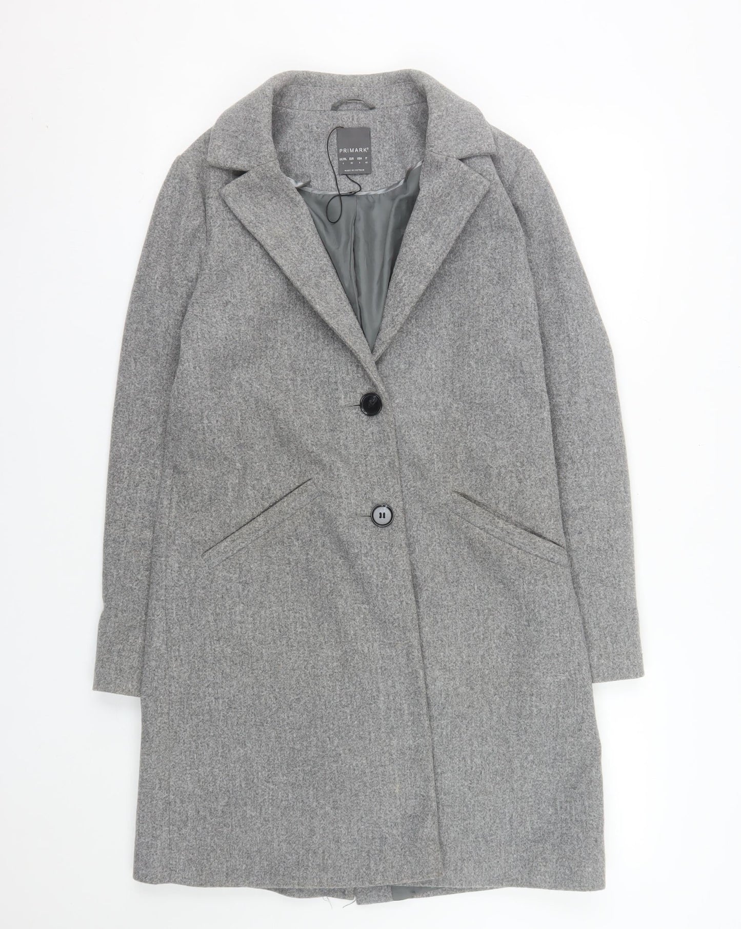 Primark Women's Grey Wool Blend Mid-Length Overcoat Size 8