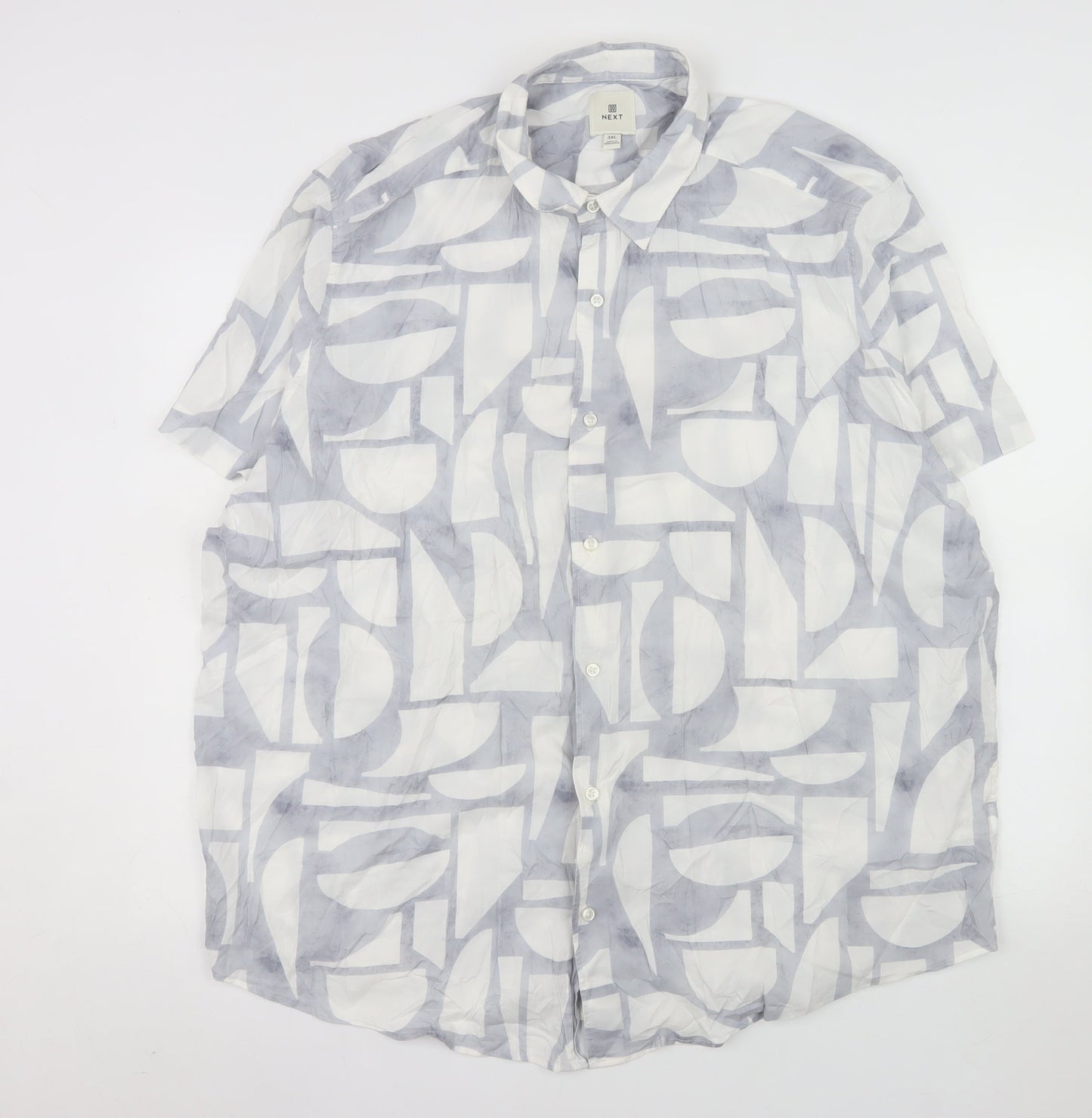 Next Men's Grey Geometric Cotton Viscose 3XL Short Sleeve Button-Up Shirt