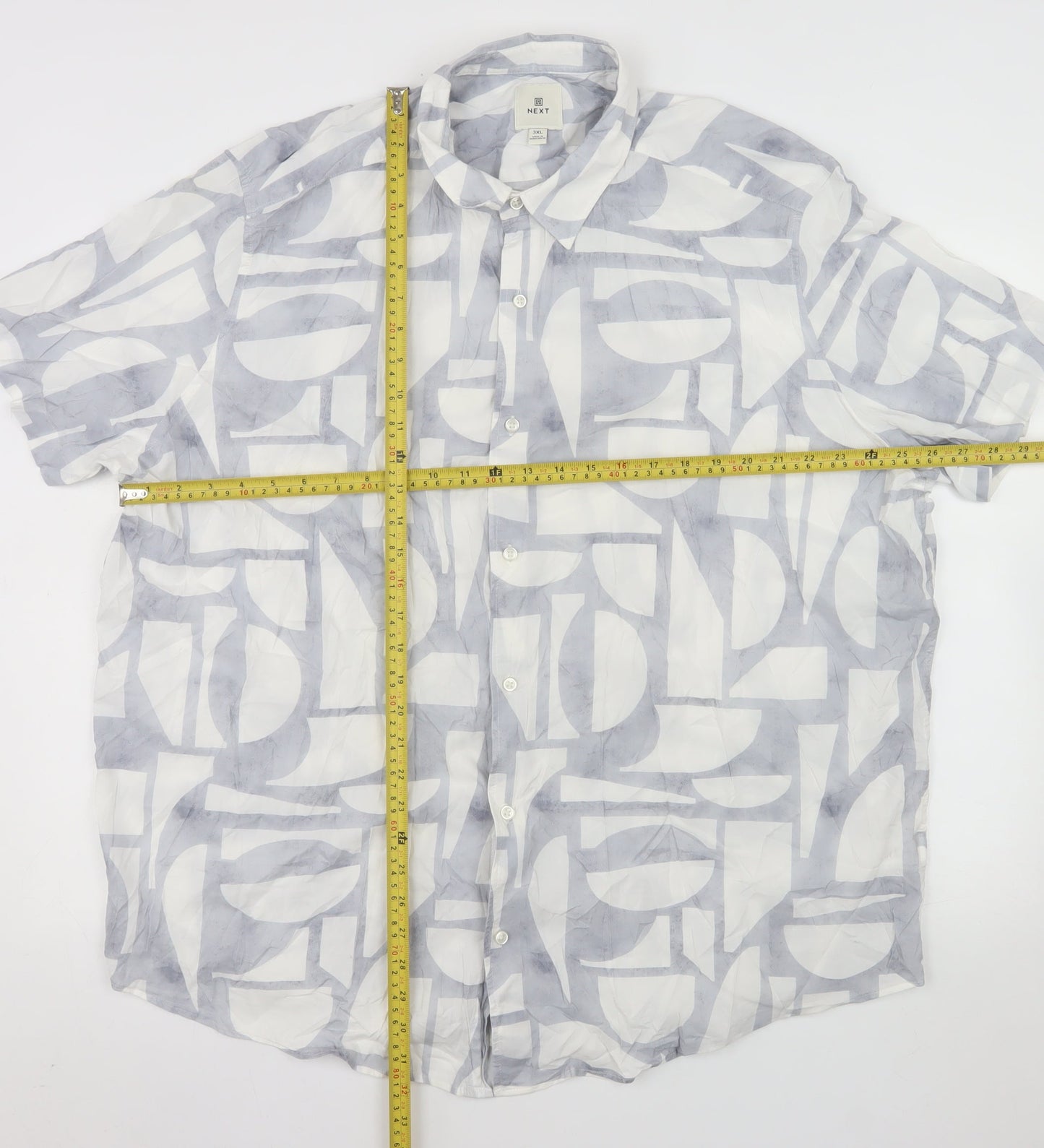 Next Men's Grey Geometric Cotton Viscose 3XL Short Sleeve Button-Up Shirt