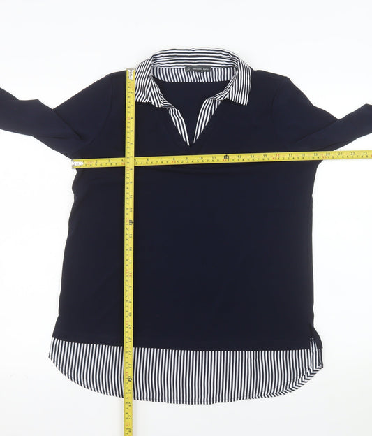 Adrianna Papell Women Blue Striped Collar Tunic Blouse Size S