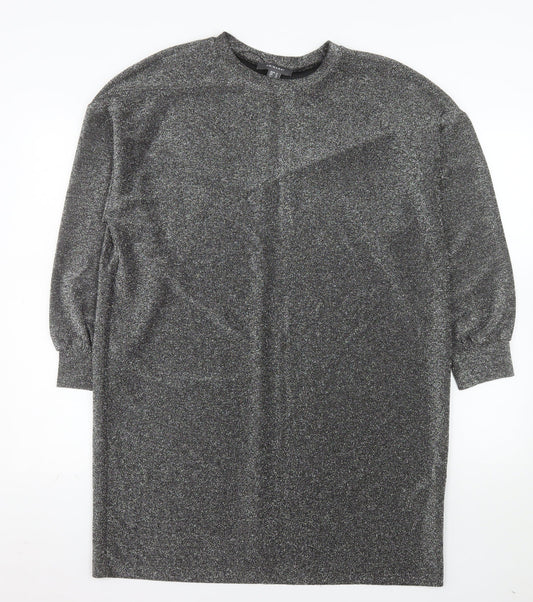 Primark Women’s Silver Glitter Shift Dress Size 14 Long Sleeve Party