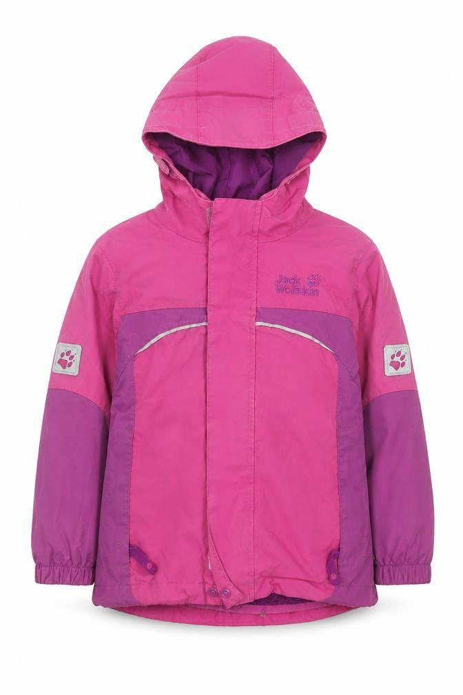 Front view of Jack Wolfskin girls’ pink waterproof hooded parka jacket - 4 years
