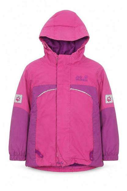 Front view of Jack Wolfskin girls’ pink waterproof hooded parka jacket - 4 years