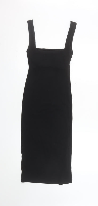 Zara Women Black Bodycon Midi Dress Size 8 Sleeveless Square Neck
