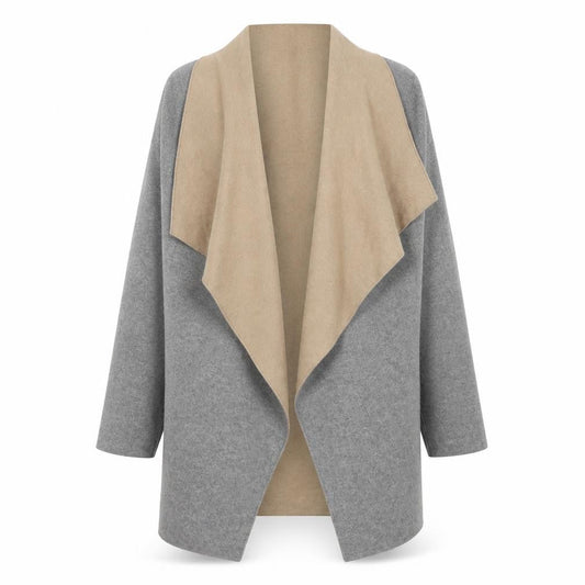 Front view of Dunnes women’s grey coatigan, size S, open front wool blend jacket