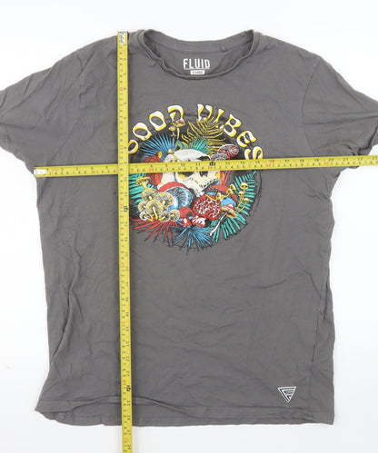 Fluid Mens Grey Good Vibes Skull Graphic Cotton T-Shirt XL