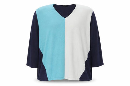 Marble Women's Blue Colour Block V-Neck Cotton Jumper Size 5XL