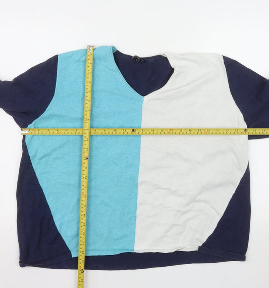 Marble Women's Blue Colour Block V-Neck Cotton Jumper Size 5XL