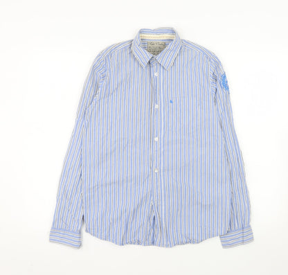 Rebel Clothing Men Blue Striped Cotton Button-Up Shirt L