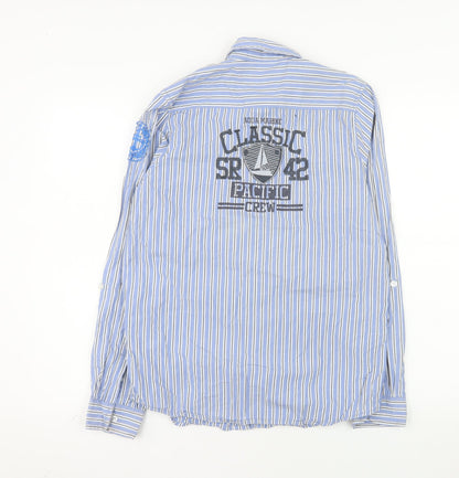 Rebel Clothing Men Blue Striped Cotton Button-Up Shirt L