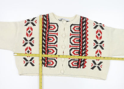 Zara Women Ivory Fair Isle Chunky-Knit Cardigan Size 12