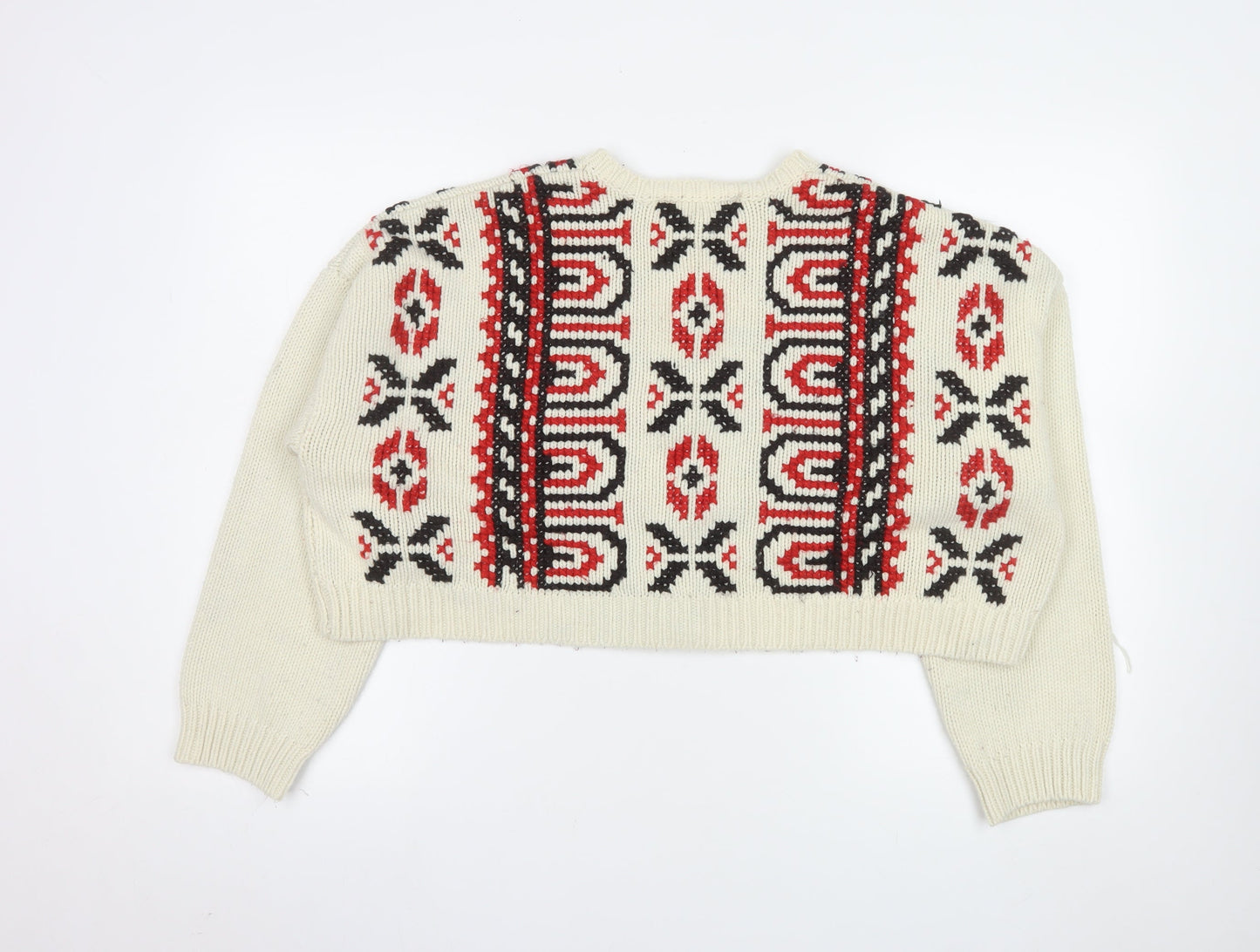 Zara Women Ivory Fair Isle Chunky-Knit Cardigan Size 12