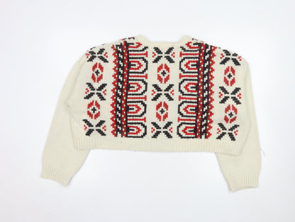 Zara Women Ivory Fair Isle Chunky-Knit Cardigan Size 12