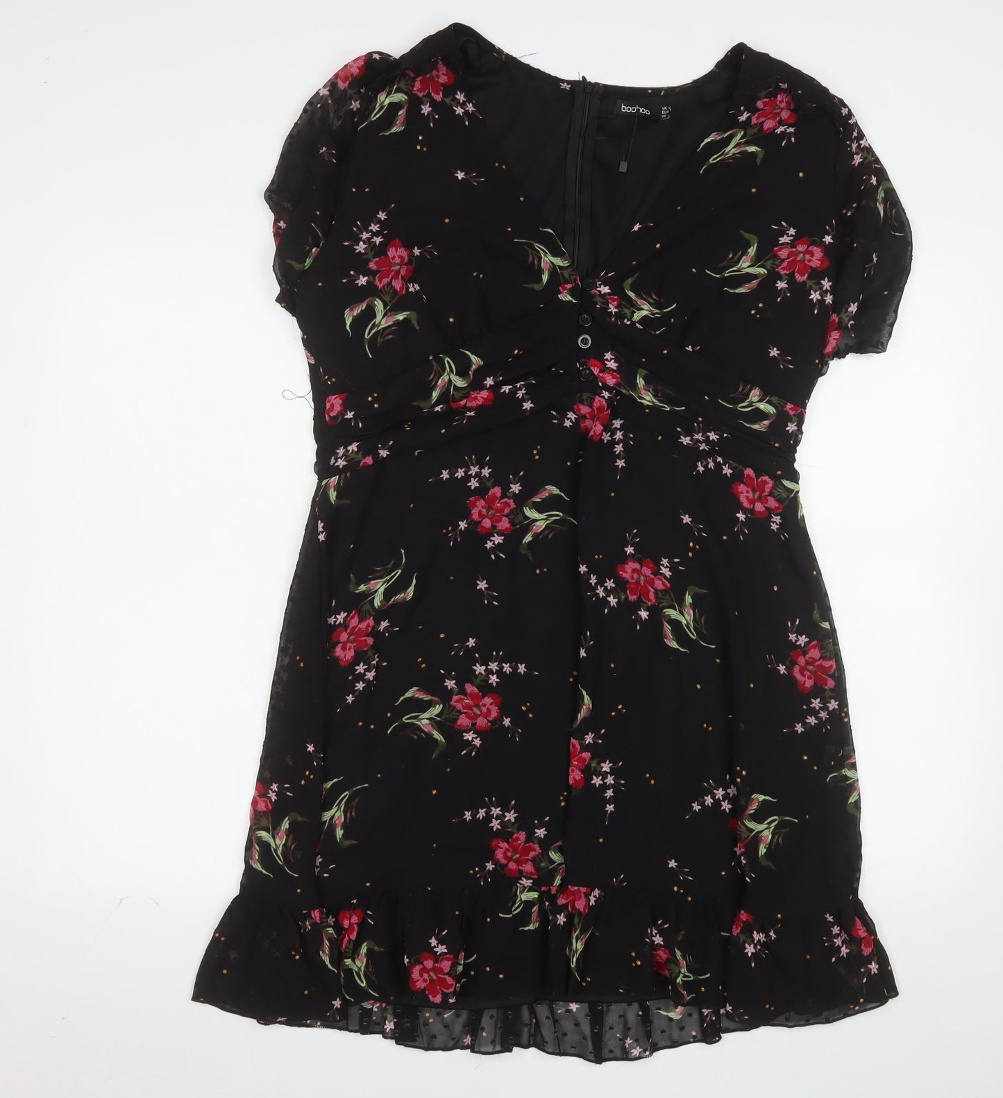 Boohoo Women's Black Floral Fit & Flare Ruffle Dress Size 16