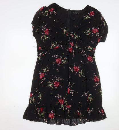 Boohoo Women's Black Floral Fit & Flare Ruffle Dress Size 16