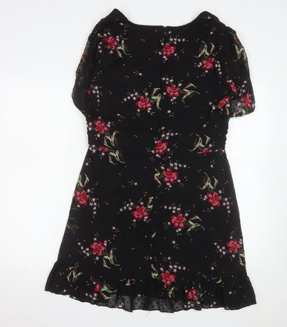 Boohoo Women's Black Floral Fit & Flare Ruffle Dress Size 16