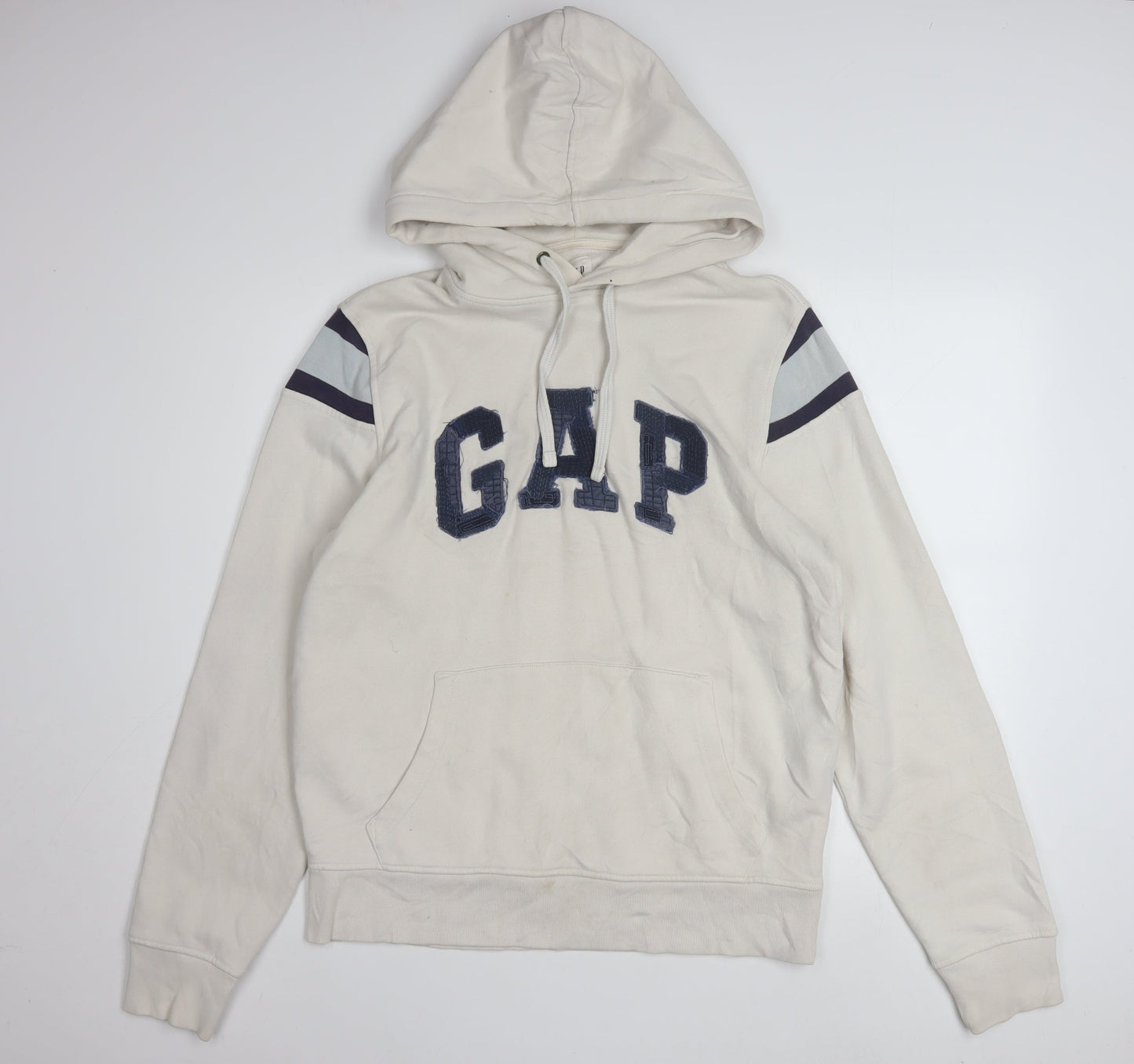 GAP Men Beige Pullover Hoodie M Logo Fleece Sweatshirt