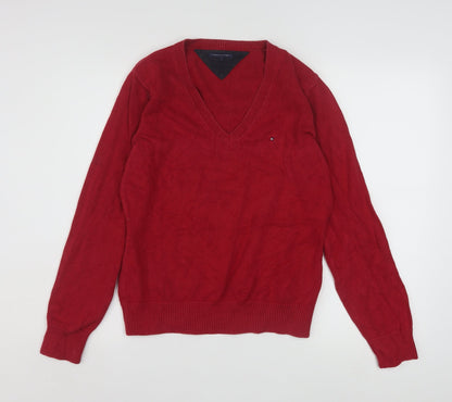 Tommy Hilfiger Mens Red Cotton V-Neck Pullover Jumper L