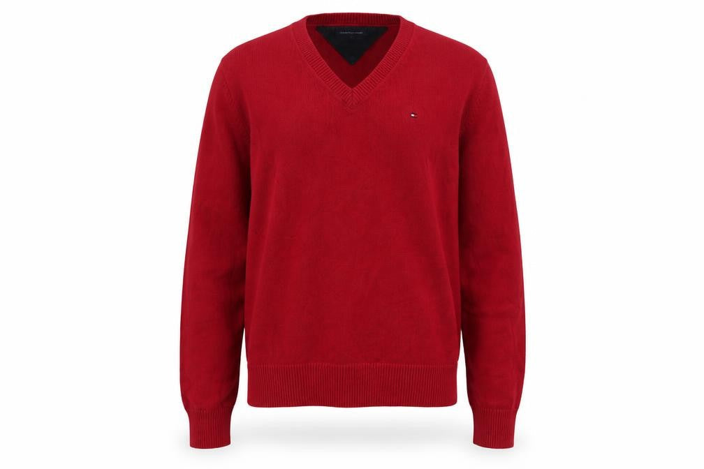 Tommy Hilfiger Mens Red Cotton V-Neck Pullover Jumper L